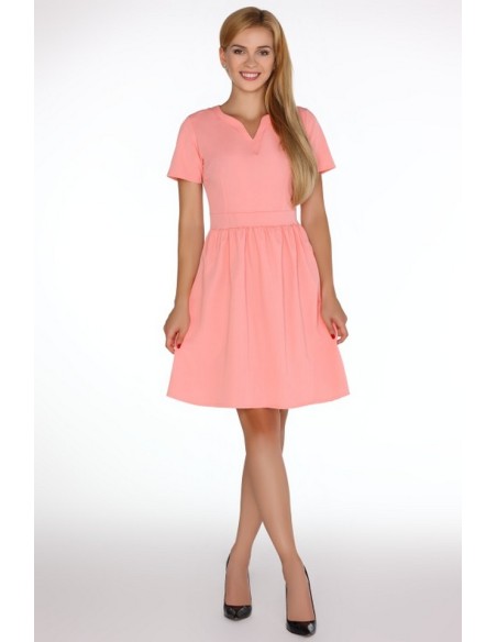 Marelna sukienka damska krótki rękaw rozkloszowany dół koralowa, Merribel