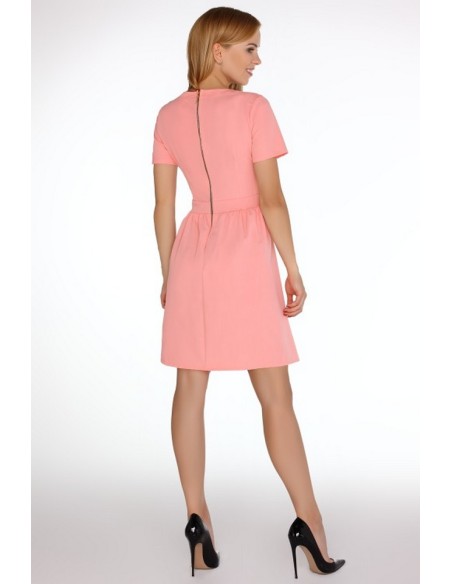 Marelna sukienka damska krótki rękaw rozkloszowany dół koralowa, Merribel