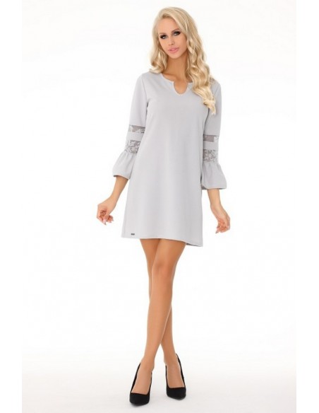 MEgarnina sukienka damska trapezowa z rozkloszowanymi rękawami szara, Merribel 90487