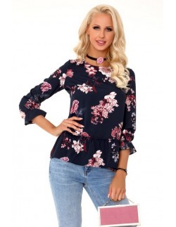 Breanna bluzka damska z falbankami rękaw 3/4 granatowa,...