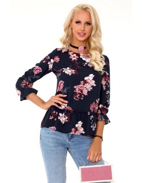 Breanna blouse women's with frills 3/4 sleeve navy blue, Merribel 85329