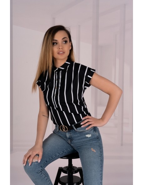 Ouranila blouse women's black in stripes short sleeve, Merribel 85411