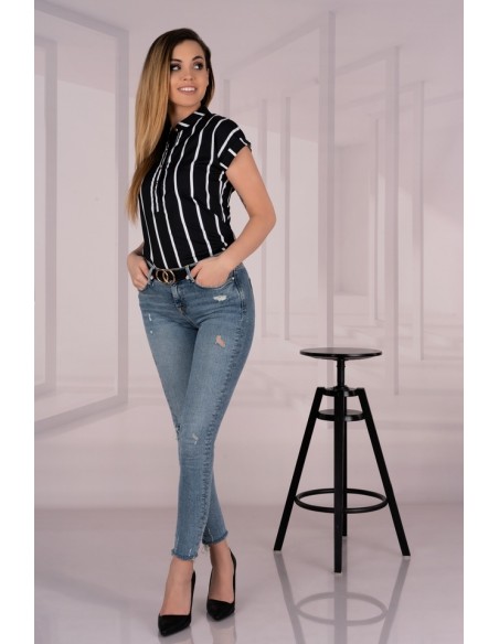 Ouranila blouse women's black in stripes short sleeve, Merribel 85411