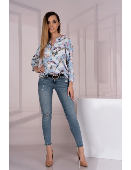 Kalena bluzka damska rękaw 3/4 błękitna we wzory, Merribel 85487