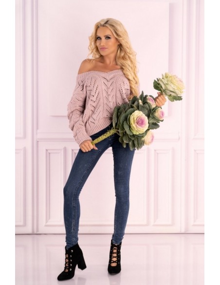 Manesa sweter damski z ażurowym wzorem oversize pudrowy, Merribel