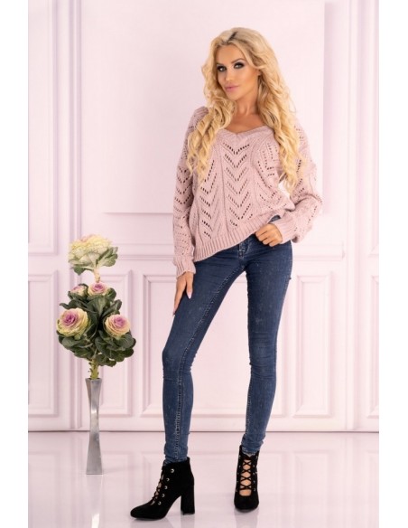 Manesa sweter damski z ażurowym wzorem oversize pudrowy, Merribel