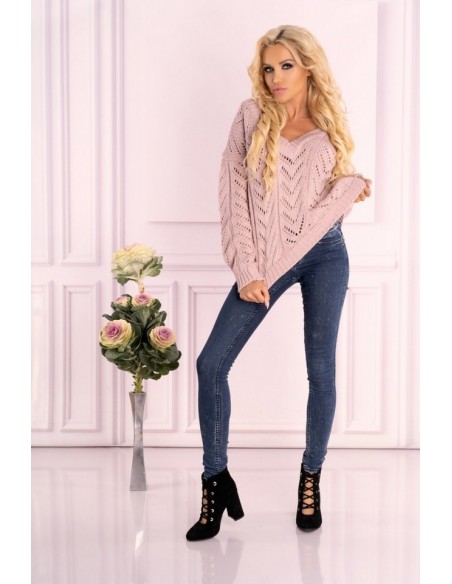 Manesa sweter damski z ażurowym wzorem oversize pudrowy, Merribel