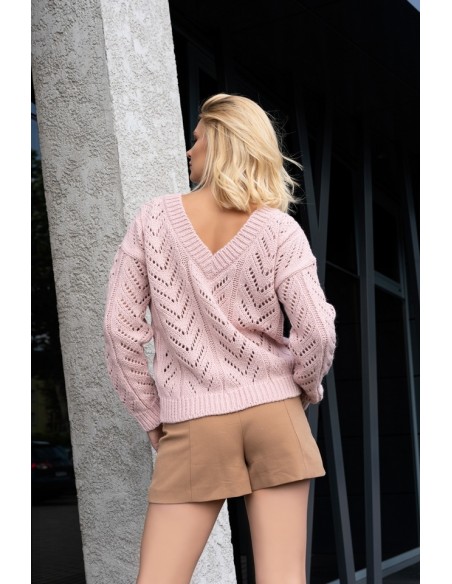 Manesa sweter damski z ażurowym wzorem oversize pudrowy, Merribel