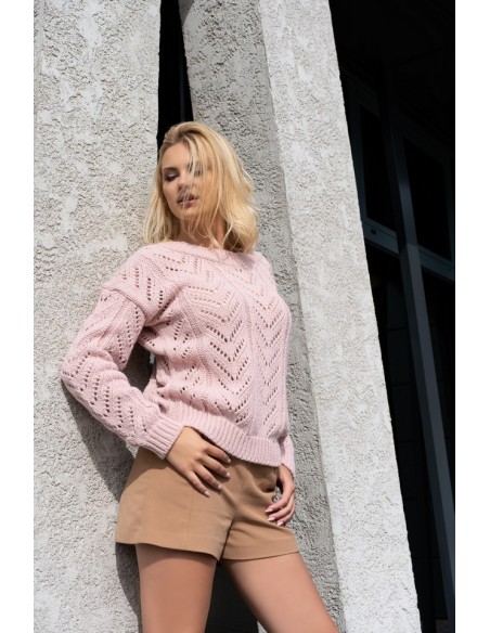 Manesa sweter damski z ażurowym wzorem oversize pudrowy, Merribel