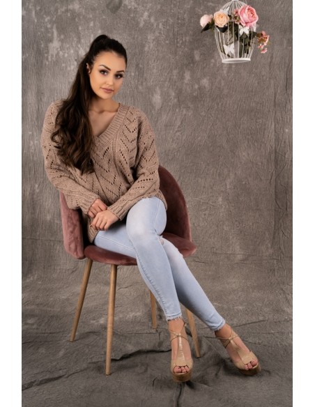Manesa sweter damski z ażurowym wzorem oversize mocca, Merribel