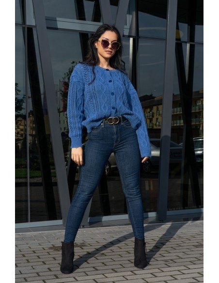 Boniqe sweter damski zapinany ażurowy wzór jeans, Merribel