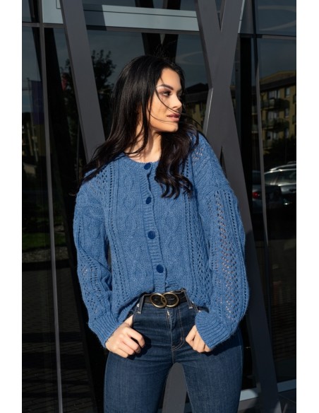 Boniqe sweter damski zapinany ażurowy wzór jeans, Merribel