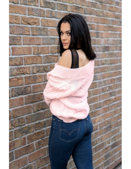 Mirila sweter damski zapinany ozdobny splot pudrowy, Merribel