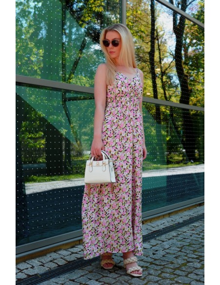 Flolala Pink/Różowa letnia zwiewna sukienka maxi na ramiączkach, Merribel