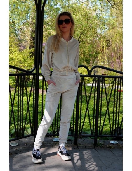 Goldenia Beige/Beżowy welurowy set dresowy fastened na zipper, Merribel